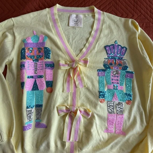 Fantastic Fawn Yellow Sweater with Pink and Blue Nutcracker Design - Picture 3 of 5